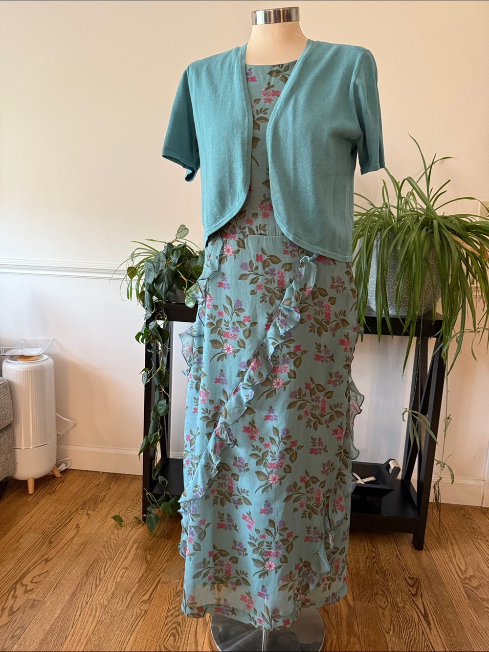 Coldwater Creek Teal Floral Midi Dress with Ruffle Detail